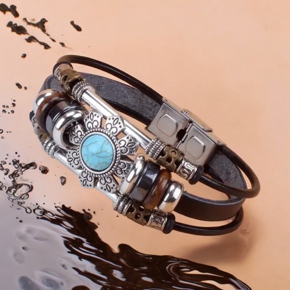 Turquoise‎ Faux Leather Bracelet With Stainless Steel Buckle Vintage Retro Style - Picture 1 of 7